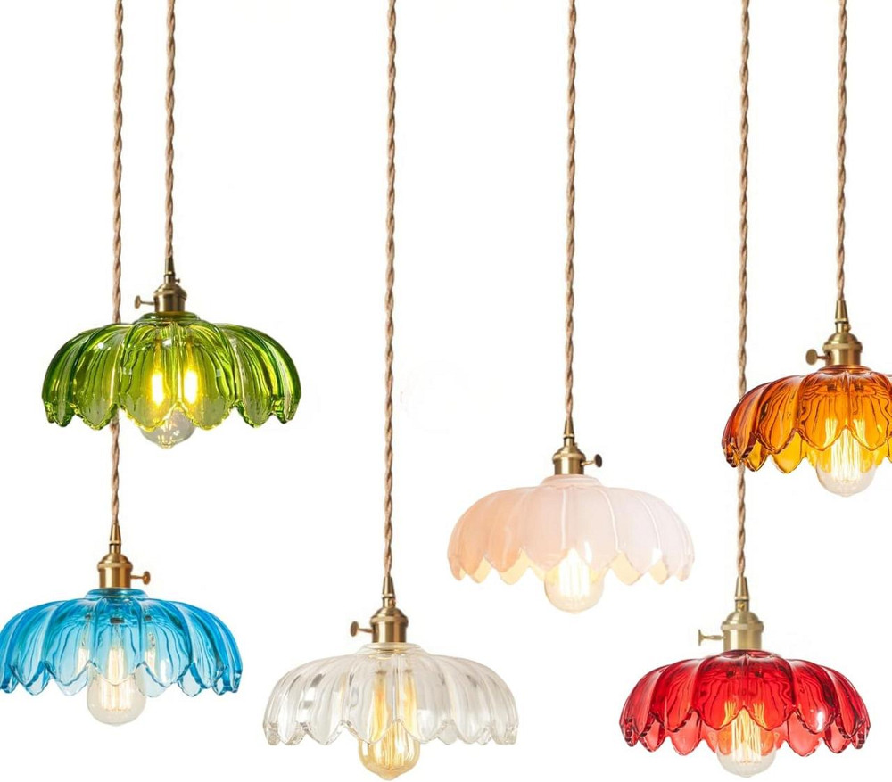 Подвесной светильник люстра 25см стеклянный абажур лотос в винтажном стиле с латунным патроном E27, прозрачный Киев - изображение 6