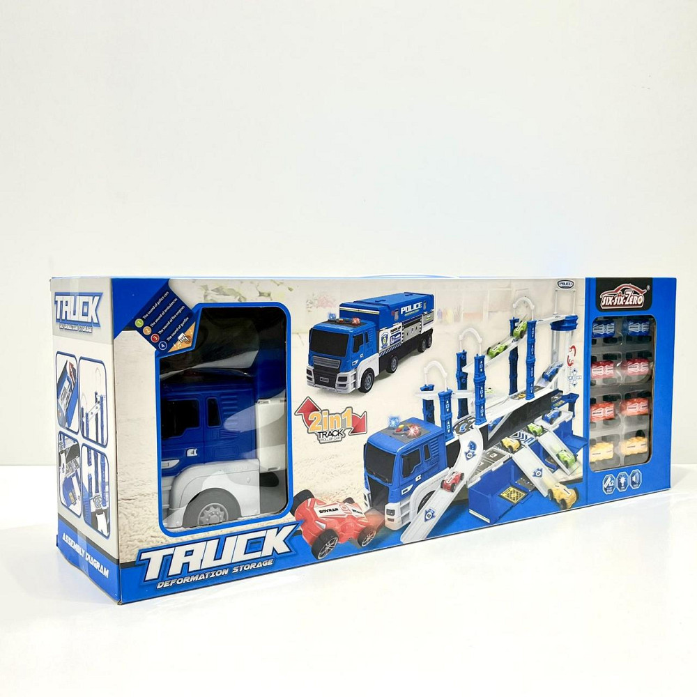 Трейлер ігровий гараж 2в1 інерційний з машинками звук світло поліція Синій (660-S17-18) Чернігів - фото 2