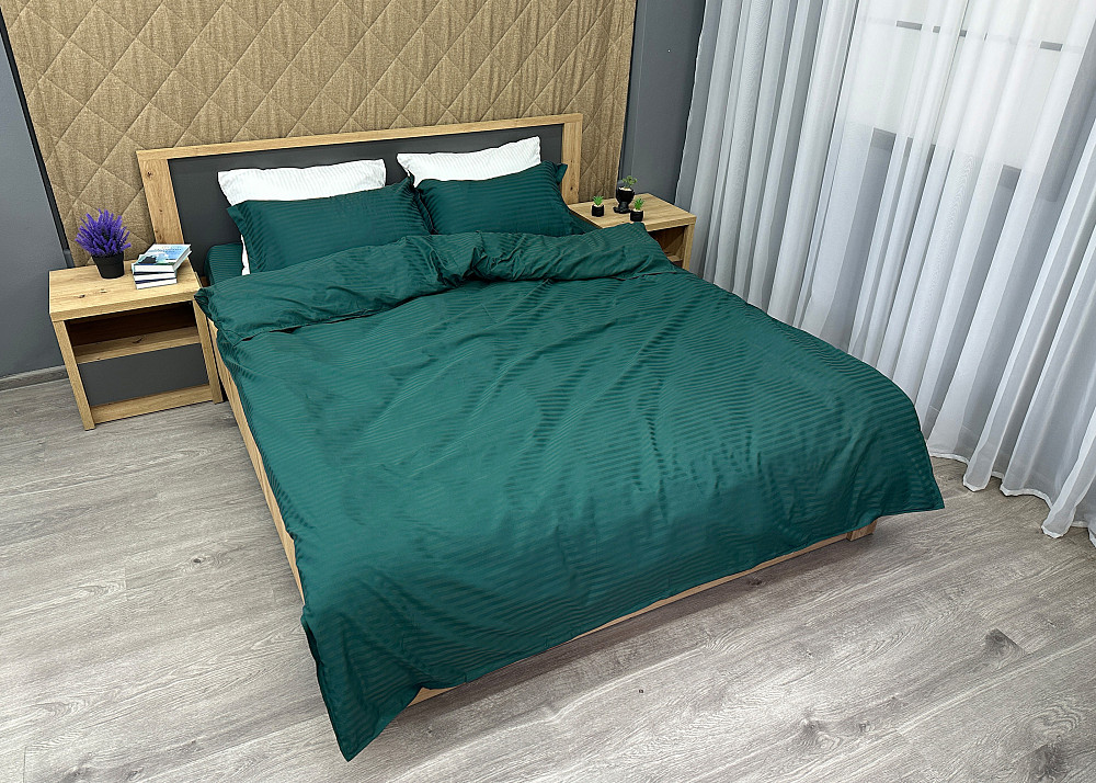 Комплект постільної білизни Страйп-сатин Сімейний з простирадлом на резинці 180х200х25, 2 підковдри 150х200, 2 наволочки 70х70 Смарагдовий (88-220) Київ - фото 3