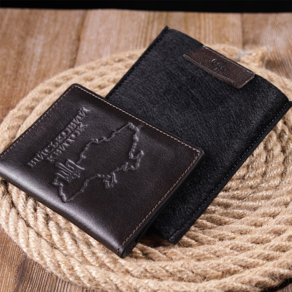 Практична обкладинка із глянсової шкіри на військовий квиток Карта GRANDE PELLE 16778 Коричнева Київ - фото 7