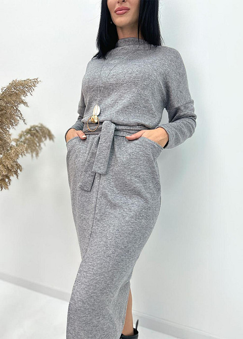 Довга ангорова сукня з поясом "Juliette" оптом | Норма і батал 46-48, Сірий Київ - фото 2