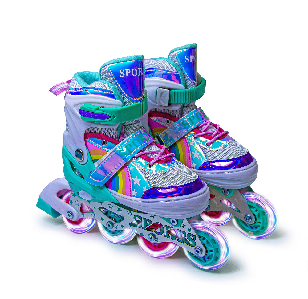 Дитячі розсувні ролики Rainbow Scale Sports бірюзові, розмір 34-38. Усі колеса світяться Одеса - фото 1