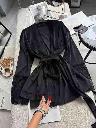 Жіночий стильний романтичний велюровий халат + мереживо Чорний Одеса