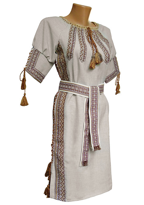 Нежное женское вышитое платье цвета лен с манжетом рукавом. 44 Киев - изображение 1