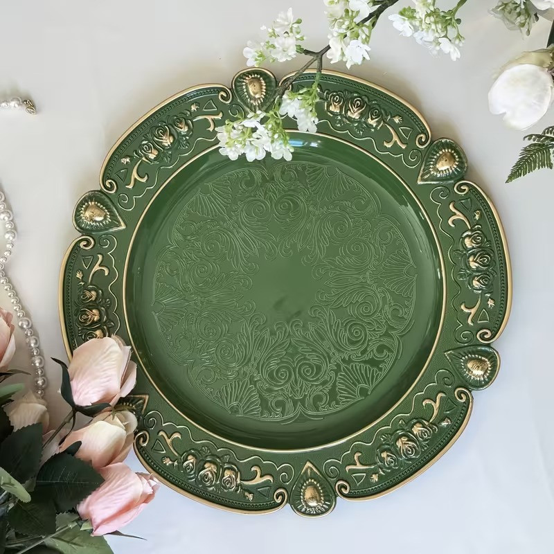 Набор тарелок пластиковых круглые,2 шт для сервировки стола 33 см, подставные, многоразовые,зелёные с золотистым узором Каменец-Подольский - изображение 4