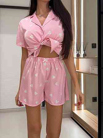 Женская стильная базовая домашняя шелковая пижама рубашка+шорты Розовый, 42/44 Одесса