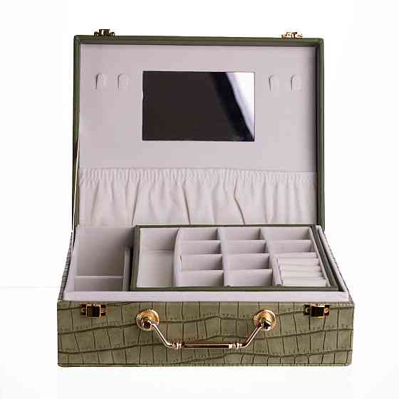 Скринька для прикрас з еко шкіри 19 відділень з дзеркалом 23.5×14×8 см Зелений HP-5-20GR Київ