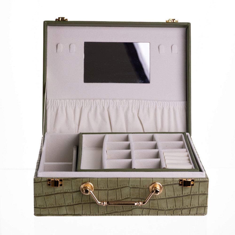 Скринька для прикрас з еко шкіри 19 відділень з дзеркалом 23.5×14×8 см Зелений HP-5-20GR Київ - фото 2