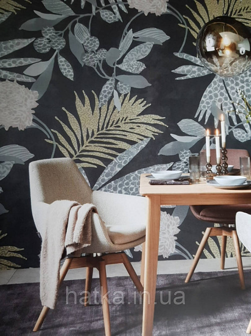 Шпалери вінілові на флізелін Marburg 31861 New modern панно джунглі великі листя гілки на темно сірому тлі Київ - фото 1