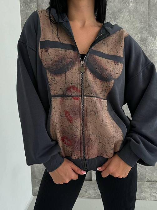 Женская стильная оверсайз худи с капюшоном на молнии петля пенье + турецкая рибана Графит, 42/46 Одесса - изображение 2