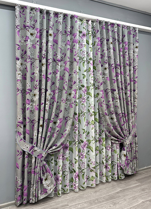 Комплект штор VR-Textil Лен Прованс 200х265 2шт и Тюль 500х265 1820ш-1802т Серый с фиолетовым и белым 71-109/6 Киев - изображение 2