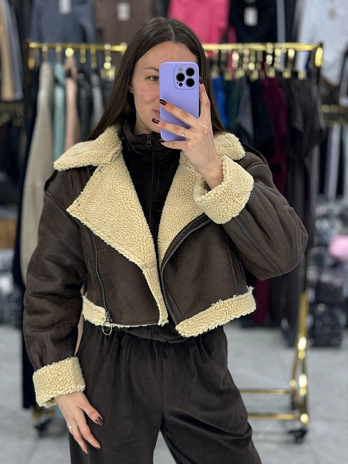 Женская стильная укороченная дубленка с искусственным мехом L Одесса - изображение 1