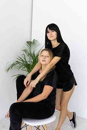 Пижама-комплект (футболка+шорти+штаны) из плюшевого велюра Черный XXL Харьков