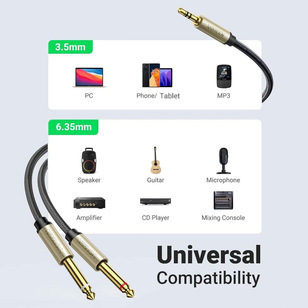 Аудіо кабель UGREEN 3.5 мм TRS - Dual 6.35 мм TS Audio Cable 1m (Gray) UGR-10613 Одеса - фото 7