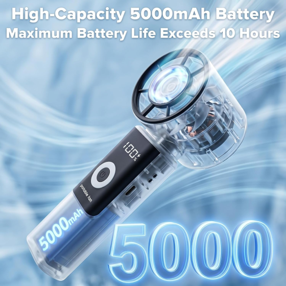 Портативний акумуляторний вентилятор Limieblu 5000 мАг, 199 швидкостей, LED-дисплей, USB-C, складаний ручний та настільний, білий Київ