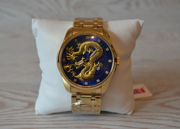 Чоловічий наручний годинник Skmei 9193 Дракон синій циферблат Золотисті Вінниця - фото 9