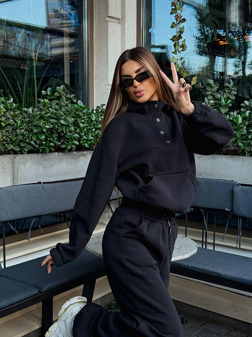 Жіночий стильний теплий повсякденний костюм-двійка на флісі Чорний, 46/48 Одеса - фото 2