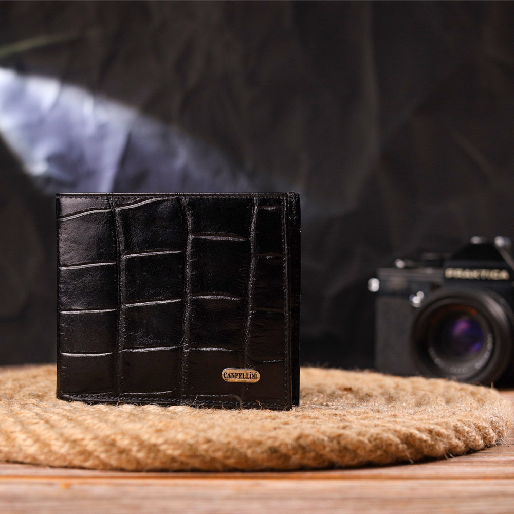 Качественный кошелек для мужчин в два сложения из натуральной фактурной кожи с тиснением под крокодила CANPELLINI 21584 Черный Киев - изображение 9