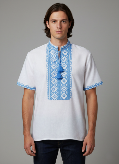 Мужская вышитая рубашка в этническом стиле синий орнамент с вышитым коротким рукавом 54 Киев - изображение 1