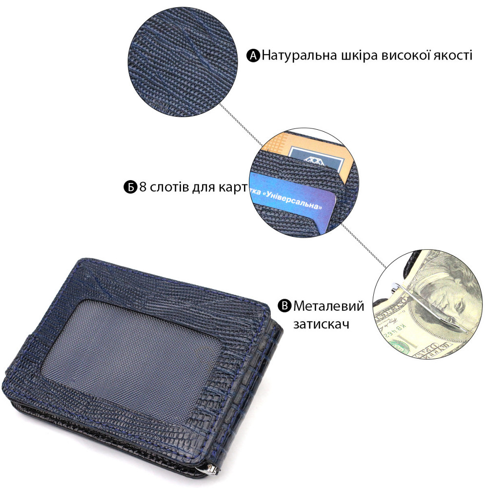 Фактурный мужской зажим для денег из натуральной кожи с тиснением CANPELLINI 21942 Синий Киев - изображение 8