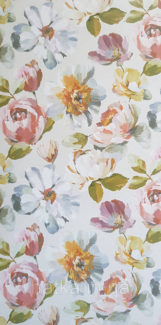 Шпалери вінілові на флізеліні Grandeco Universe 5 квіти півонії великі яскраві на сірому Київ - фото 2