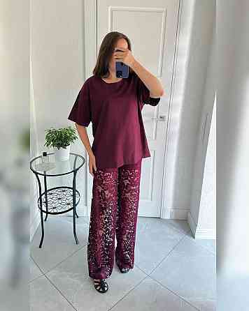 Женский романтичный и одновременно стильный костюм двойка: футболка и штаны софт + турецкий гипюр 54/58, Марсал Одесса