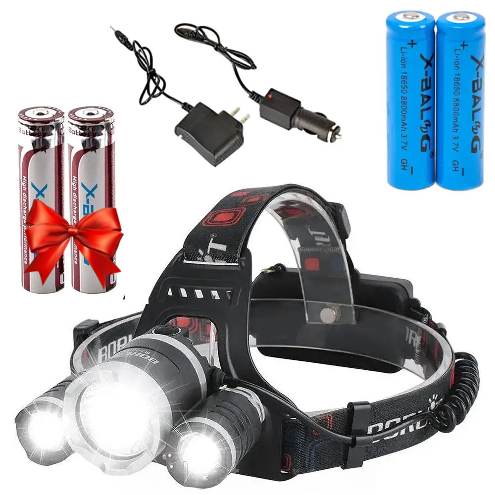 Налобний ліхтар RJ-3000 T6+2XPE + Подарунок 2шт Акумулятор 8800mAh / Потужний акумуляторний ліхтарик на голову Київ - фото 1