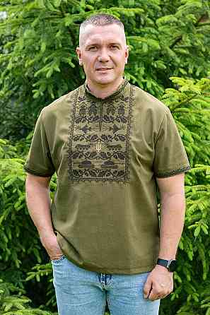 Вышиванка мужская, лен, короткий рукав,  хаки, топ 62 Киев