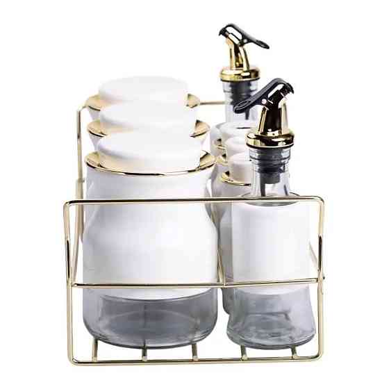 Yiwu Набір для спецій на підставці з пляшками для олії та оцту 8 предметів Білий HP-1360W Коломия