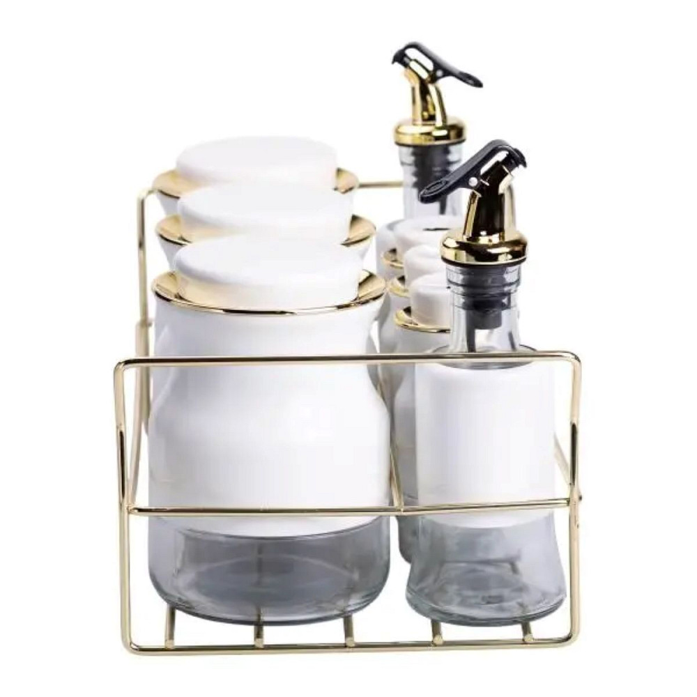 Yiwu Набір для спецій на підставці з пляшками для олії та оцту 8 предметів Білий HP-1360W Коломия - фото 6