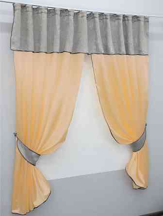 Кухонные шторы VR-Textil № 073к с ламбрекеном и подхватами персиковый с серым 270х170 см (52-0202) Киев