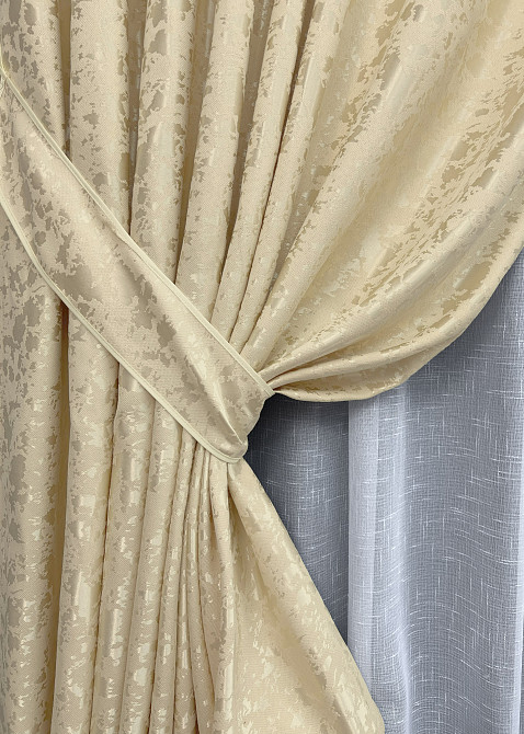 Комплект штор VR-Textil Льон Мармур 100х270 2шт і Тюль 300х270 1909ш-115т Кремовий з білим 71-129/1 Київ - фото 4