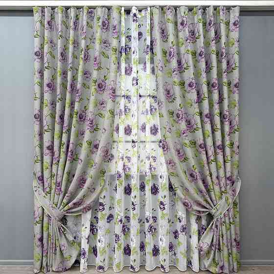 Комплект штор VR-Textil Льон Прованс 100х270 2шт і Тюль 400х270 2079ш-1266т Сірий з фіолетовим та білим 71-206/2 Київ