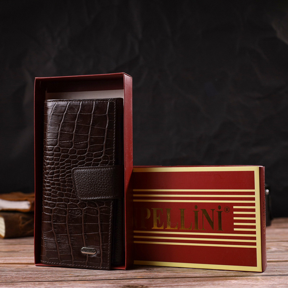 Вместительное вертикальное мужское портмоне из натуральной кожи с тиснением под крокодила CANPELLINI 21837 Коричневое Киев - изображение 1