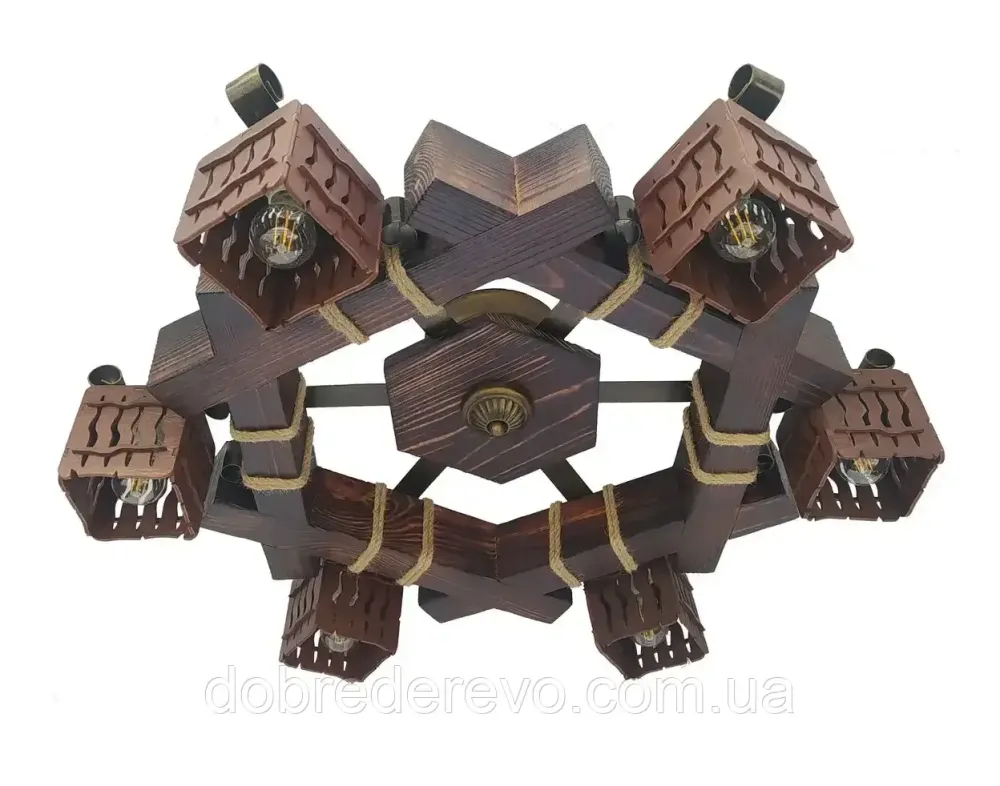 Люстра дерев'яна потолочна шестигранна на 6 плафонів 75х75 см еліт Вижниця - фото 1