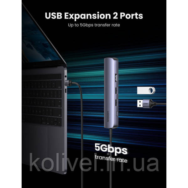 Док-станція USB3.0 Type-C --> HDMI 4K@30Hz/USB 3.0x2/RJ45/PD Ugreen CM418 Сіра (10919) Київ - фото 6