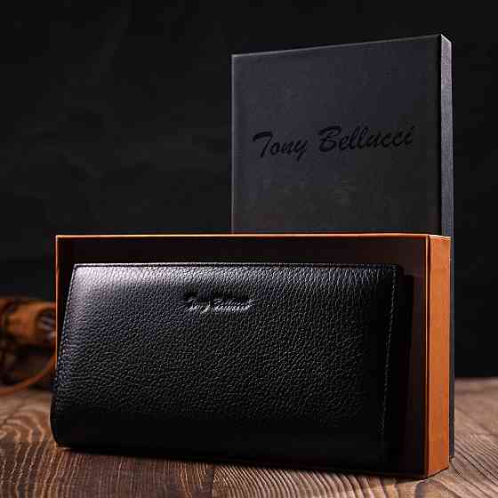 Практичний жіночий клатч з блоком для кредитних карток з натуральної шкіри Чорний (Tony Bellucci) Київ