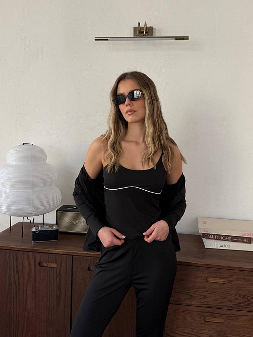 Жіночий повсякденний костюм-трійка: кофта топ і штани з мікродайвінгу Чорний, 42/46 Одеса - фото 5