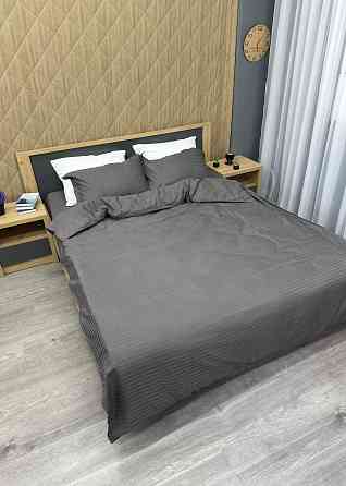 Комплект постельного белья Страйп-сатин Двуспальный 180х220 с простыней на резинке Графитовый (88-096) Киев