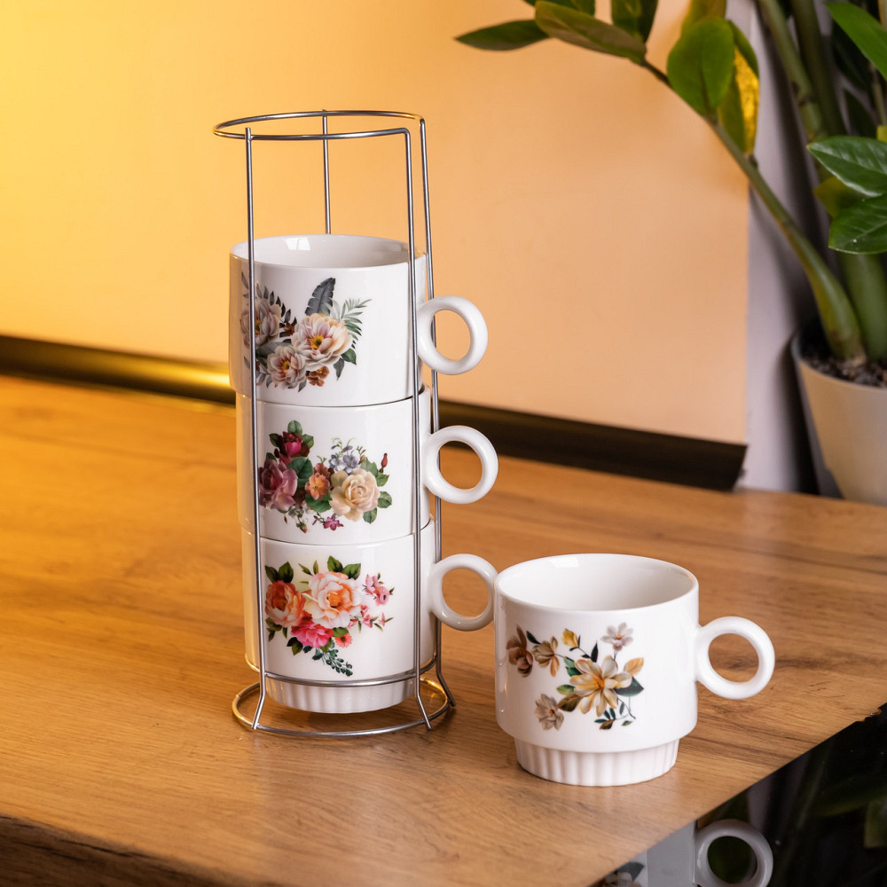 Yiwu Набір чашок для чаю та кави на металевій підставці Flower 4 (шт) по 300 (мл) подарунковий Коломия - фото 1