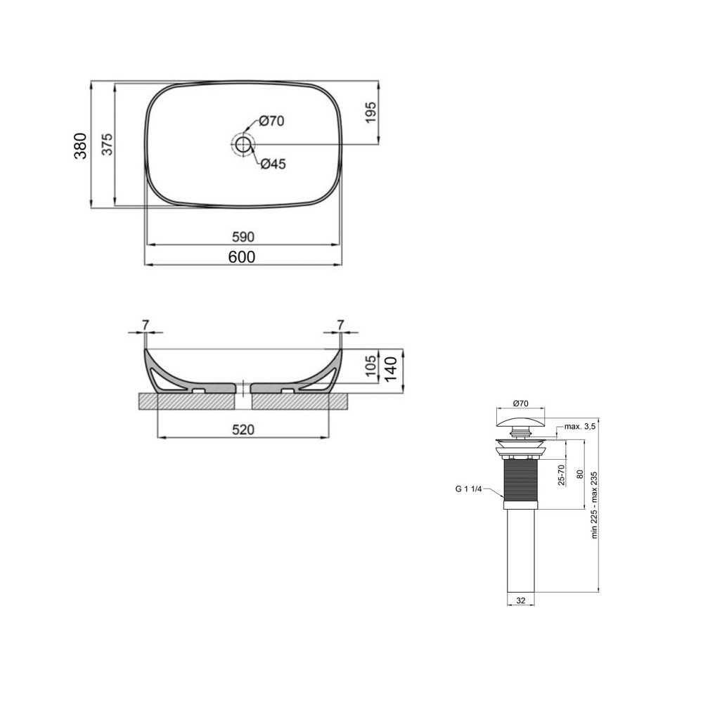 Комплект Qtap Cardinal: Раковина накладная 600x380x140 мм, White, овальная + Донный клапан Pop-up PU02 Киев - изображение 2