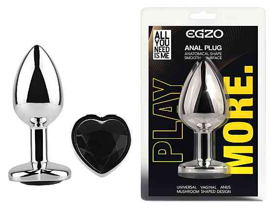 Анальна пробка з кристалом EGZO - Silver Heart Plug Black size M Sex Aura Київ