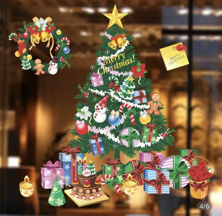 Наклейки новорічні на вікна "Ялинка з подарунками" - картина на 2-х листах розмірами 70*25см, силікон Київ - фото 3