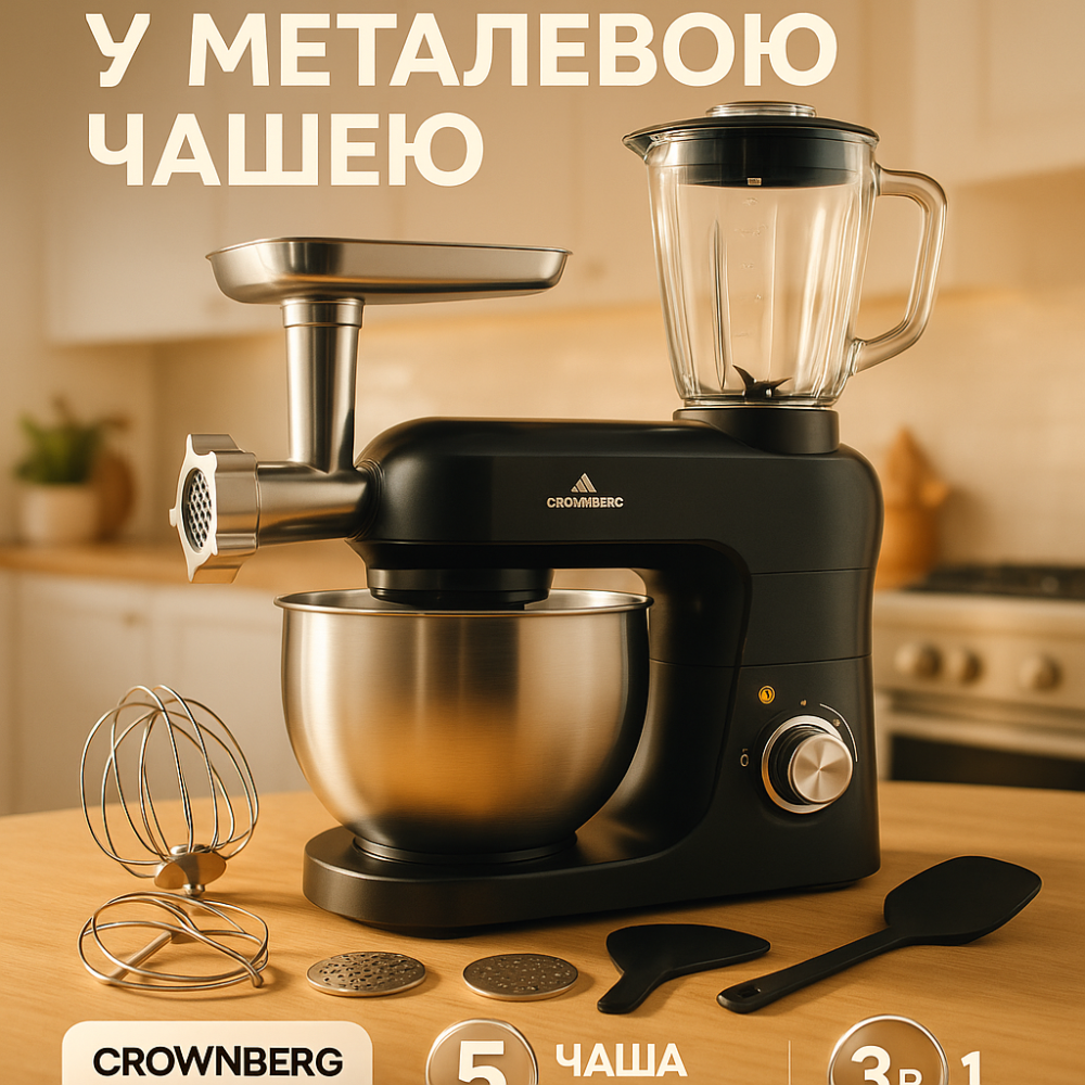 Кухонный комбайн 3в1 Crownberg CB-3409 с блендером и мясорубкой 2600Вт машина тестомес планетарный 5л HC-21 Львов - изображение 16