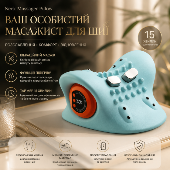 Массажер для шеи Neck Massager Pillow: беспроводная массажная подушка с подогревом, 3 режима, 6 уровней интенсивности Киев