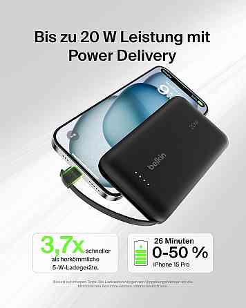 Зовнішній акумулятор Belkin BoostCharge 10000 mAh чорний PD 20W з вбудованим USB‑C кабелем 2 порти LED портативний Київ