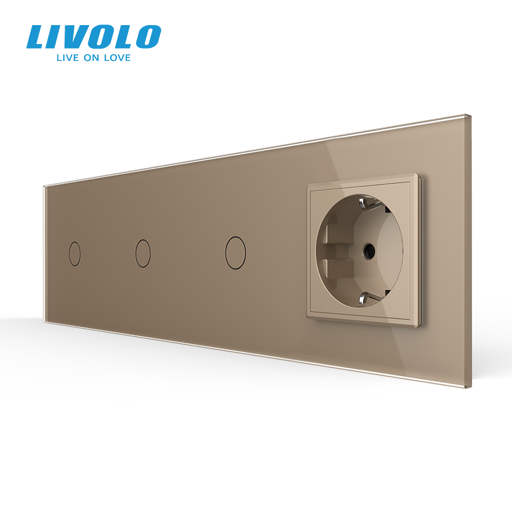 Сенсорний вимикач 3 сенсора (1-1-1) 1 розетка Livolo золото скло (VL-C703/C7C1EU-13) Коломыя - изображение 1