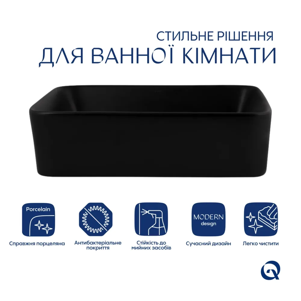 Комплект Qtap Tern: Раковина накладна прямокутна 480х370х135 мм Matt Black + Донний клапан PU03 Київ - фото 9