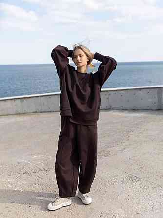 Женский оверсайз костюм: объемная кофта с трендовыми брюками бананами турецкий дабл фейс 100% хлопок Шоколад Одесса
