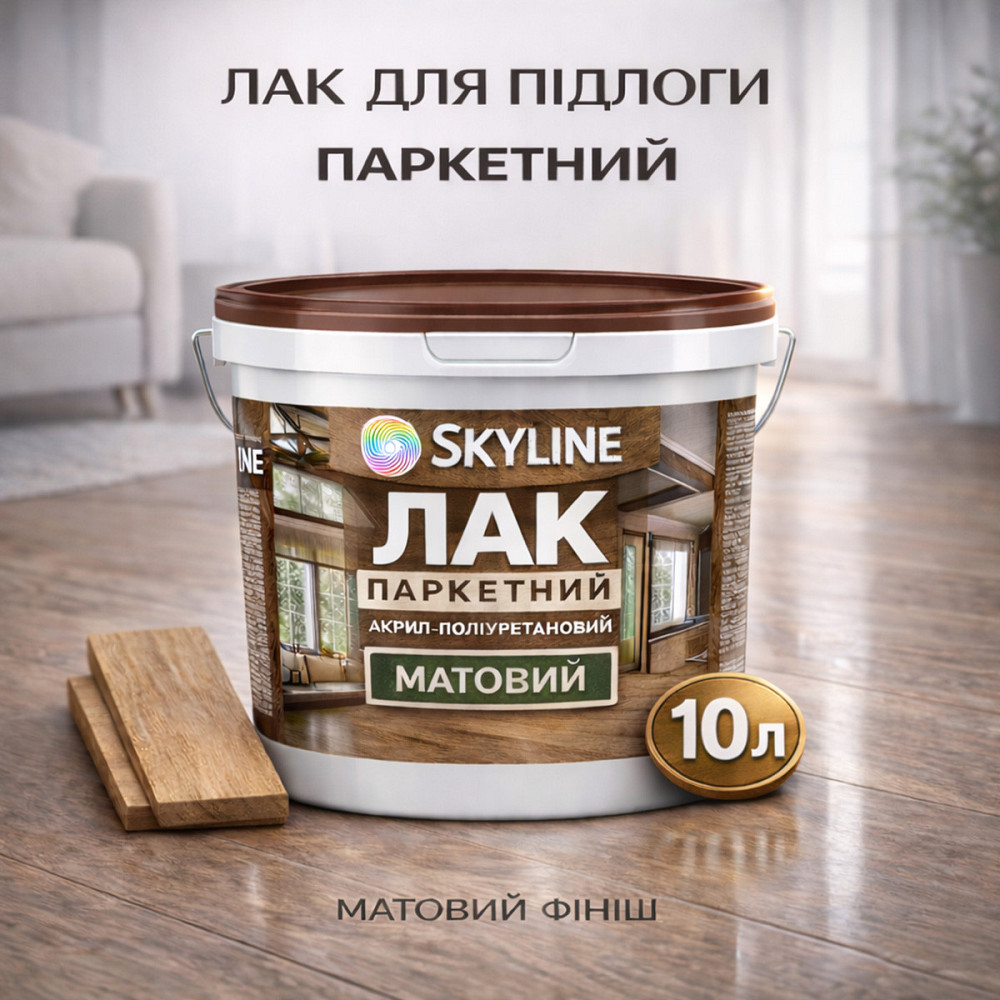 Лак для підлоги матовий Skyline паркетний, акрил-поліуретановий, водний, зносостійкий, без запаху, 10 л Харків - фото 1